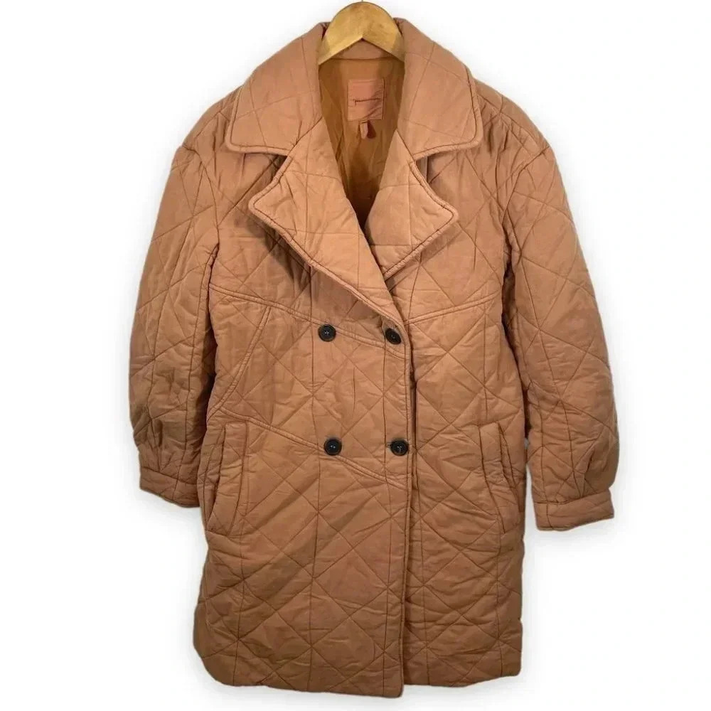 Avec les Filles  Washed Double Breasted Quilted Peacoat